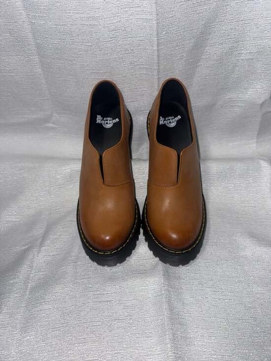Dr. Martens Shoes - Dr. Martens Cordelia Tan Brown Leather Gusset Slip-On Platform Heels